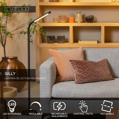 Lucide GILLY - Lámpara de lectura Recargable - Batería/acumulador - LED Regul. - 1x6W 2700K - Negro